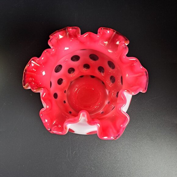 Fenton Coin Dot Cranberry Ruffled Glass Vase Vintage - Picture 5 of 10